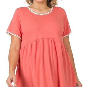 Zenana NWT Deep Coral Empire Waist Peplum Tunic Top Lace Trim S-XL